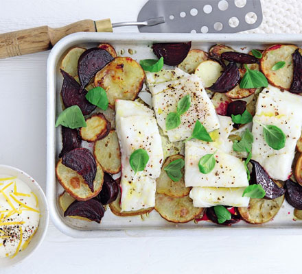 Pollock, beetroot & potato traybake with lemony crème fraîche