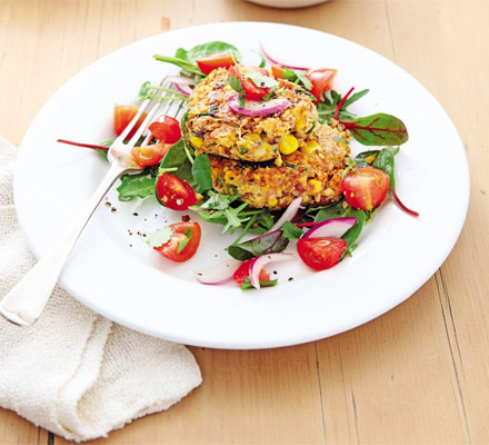 Cheesy bean & sweetcorn cakes with quick salsa