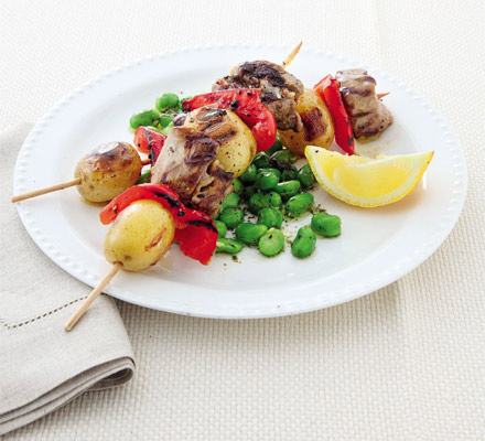Lamb & potato kebabs with minty broad beans