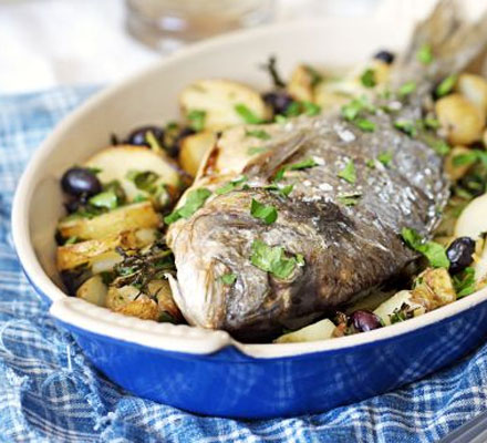 Whole roast bream with potatoes & olives