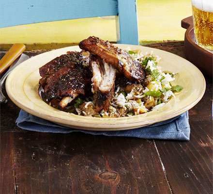 Sticky jerk & brown sugar ribs with pineapple rice
