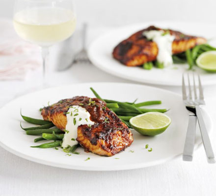 Grilled salmon with chilli glaze & lime crème fraîche