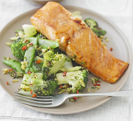 Sticky salmon with Chinese greens