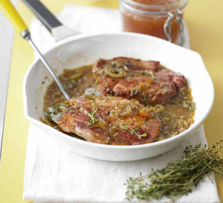 Sticky thyme & mustard bacon chops