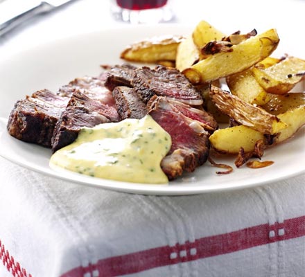 Rib-eye steak with basil hollandaise