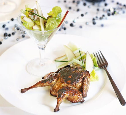 Honey-glazed quail with Waldorf salad