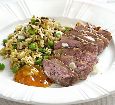 Fragrant duck breasts with wild rice pilaf
