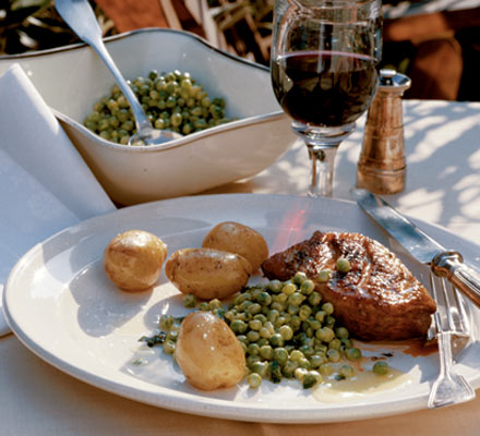 Grilled duck breast with minted peas