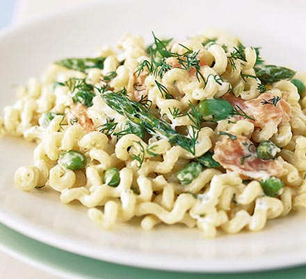 Asparagus, broad bean & smoked salmon pasta