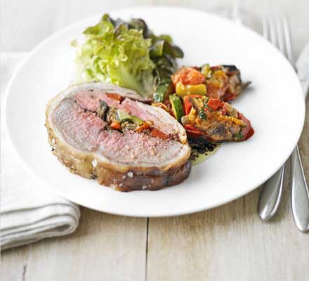 Saddle of lamb stuffed with ratatouille