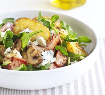 Warm new potato salad with bacon & blue cheese