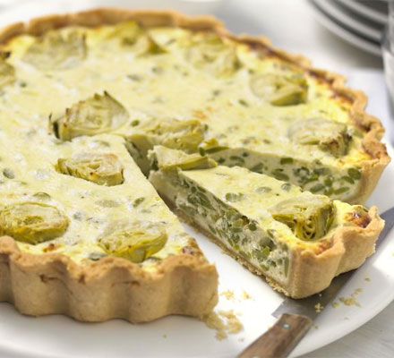 Artichoke & broad bean tart with watercress pesto