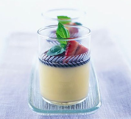 Basil & white chocolate creams with sticky balsamic strawberries