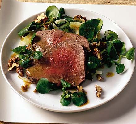 Poached beef fillet with watercress & walnut salad
