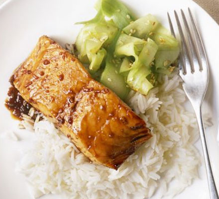 Grilled salmon teriyaki with cucumber salad