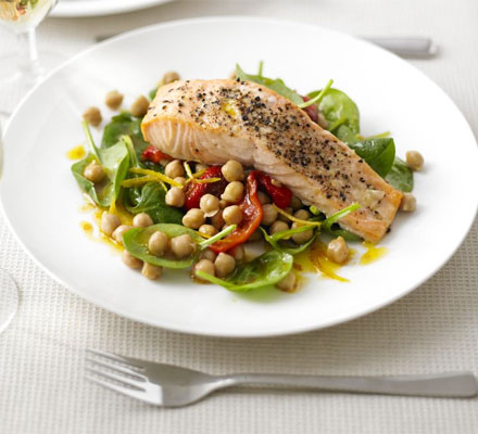 Salmon with warm chickpea, pepper & spinach salad
