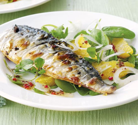 Grilled mackerel with orange, chilli & watercress salad