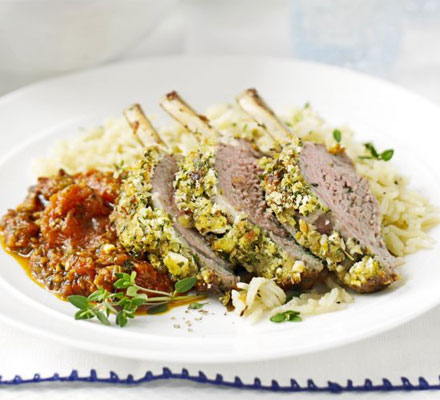 Feta-crusted lamb with rich tomato sauce