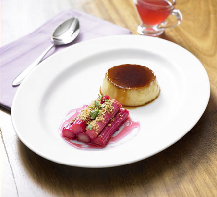 Marjoram-scented crème caramel with chilled rhubarb crumble