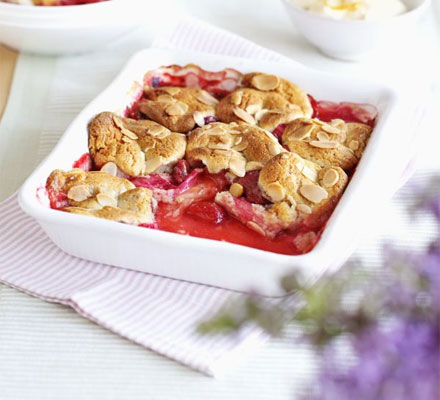 Rhubarb & strawberry cobbler with orange cream