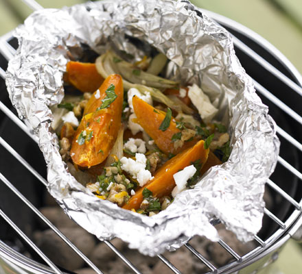 Hot dressed sweet potato, fennel & feta parcels