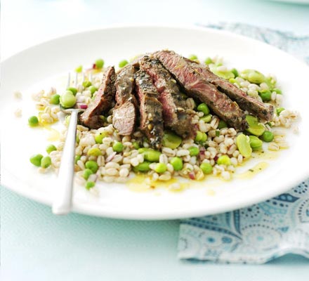 Marinated lamb steaks with barley salad