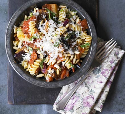 Sicilian aubergine, pine nut & raisin fusilli