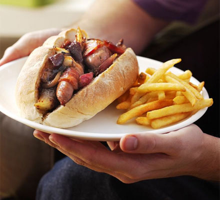 Hotdogs with sticky roasted onions