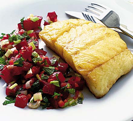 Panfried fish with fresh beetroot salsa