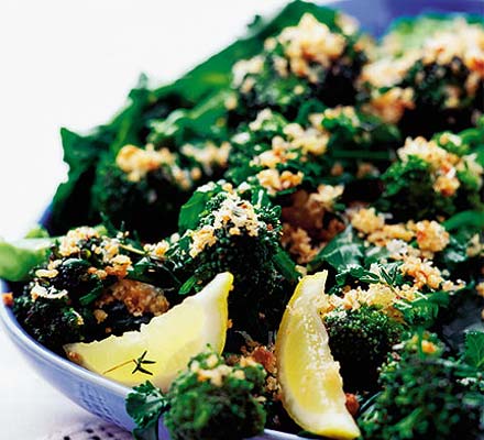 Purple sprouting broccoli with Parmesan & herbed crumbs