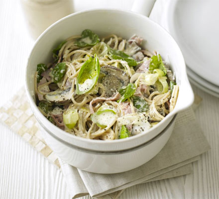 Creamy ham, leek & mushroom spaghetti