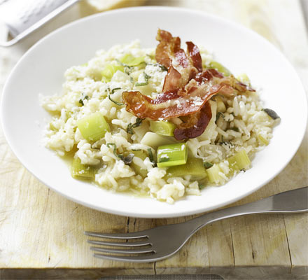 Leek & sage risotto with crisp bacon