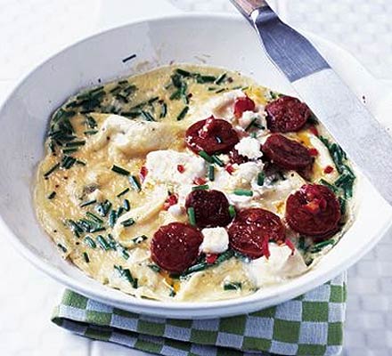 Goat’s cheese & chorizo omelette