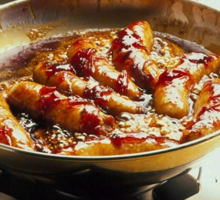 Sausages with sticky onion gravy