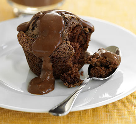 Chocolate muffins with hot chocolate custard