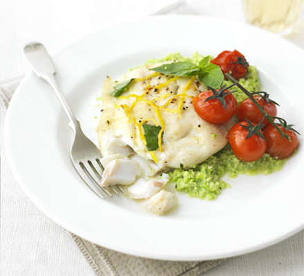 Lemon cod with basil bean mash