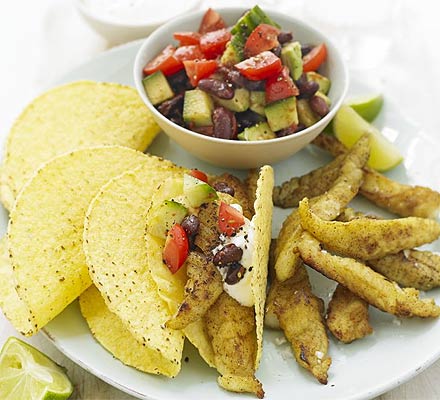 Curried fish tacos with bean salad