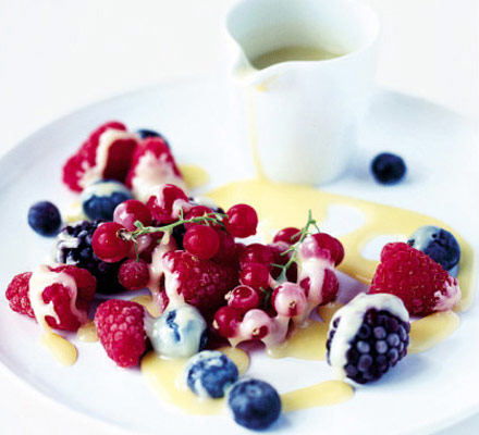 Iced berries with hot chocolate sauce