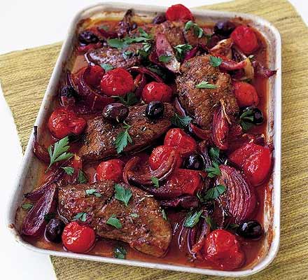 Lamb steaks with tomatoes & olives