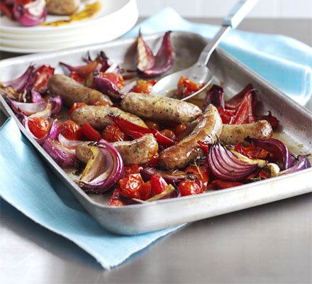 Balsamic roasted sausages with red veg