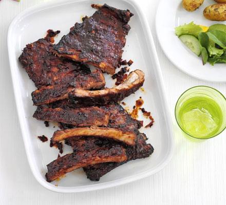 Sticky ribs with roast potato salad