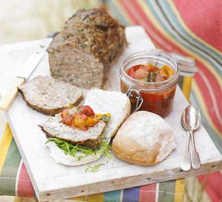 Cold meatloaf with squashed tomato & pepper salsa