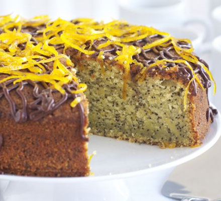 Orange & poppy seed cake with chocolate sauce