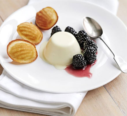 Lemon panna cotta with blackberries & honey madeleines