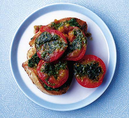 Grilled pesto tomatoes on toast