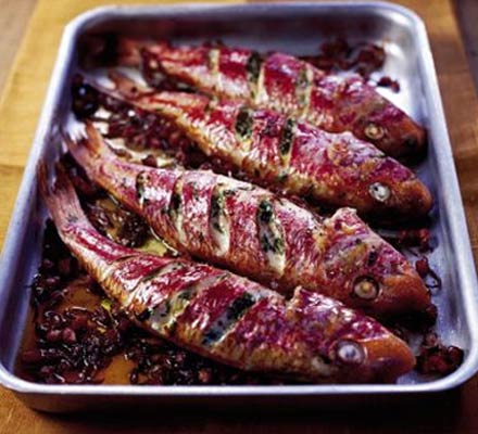 Roast red mullet with tarragon & pancetta