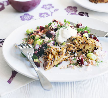 Smoked mackerel with herb & beet couscous