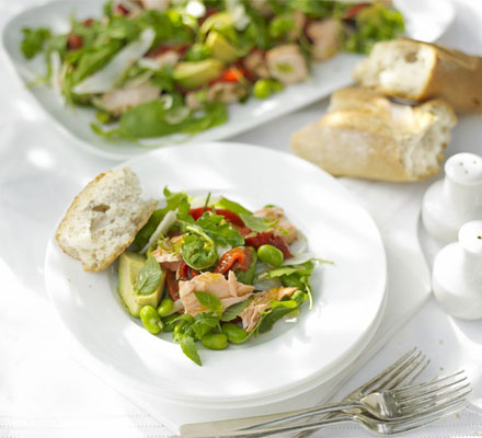 Roasted salmon, pepper & broad bean salad