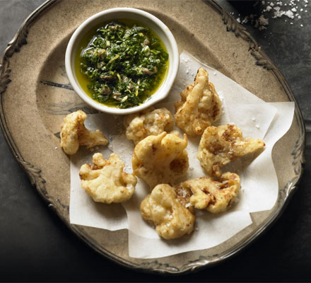 Cauliflower fritters with herby dipping sauce
