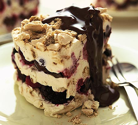 Berry semifreddo with warm chocolate sauce